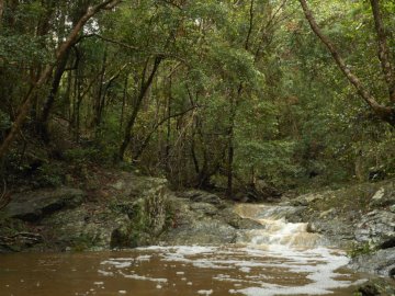 A shallow mountain waterfall